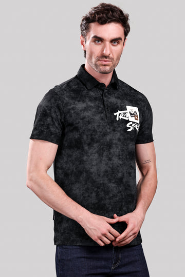 Men’s Casual Black Polo T-Shirt – Tie-Dye Effect with Graphic Print